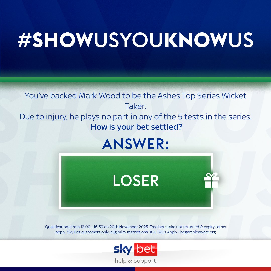 SkyBetHelp's tweet image. 🎬 #ShowUsYouKnowUs is now closed, thanks for taking part!

🎉 Congrats if you answered A - Loser

🏏 If a player does not take part in the series/tournament, bets placed on that player will stand

Terms 👉 ms.spr.ly/6014tr95a

Winning DMs on their way ✉️