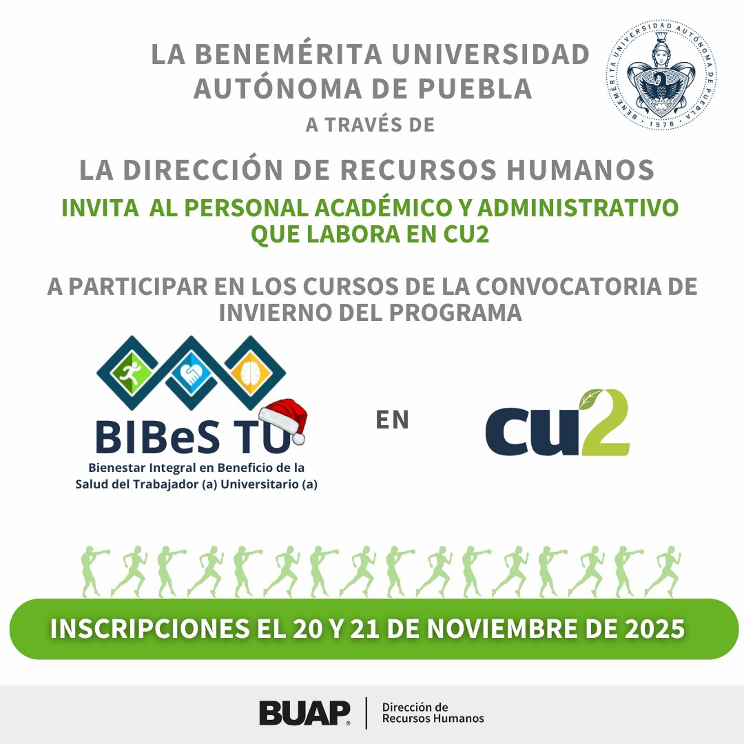 DRHBUAP's tweet image. ¡Personal académico y administrativo! 🖋️💼
Les invitamos a participar en la Convocatoria Invierno 2025 del BIBeS TU CU2. 🏀🏊‍♂️🏃🥊

📅 Inscripciones: del 20 al 21 de noviembre 2025.
🔗 Convocatoria y registro👉bsu.buap.mx/fTZ

¡Recuerda que en el BIBeS TU, vives tú! 💪✨
