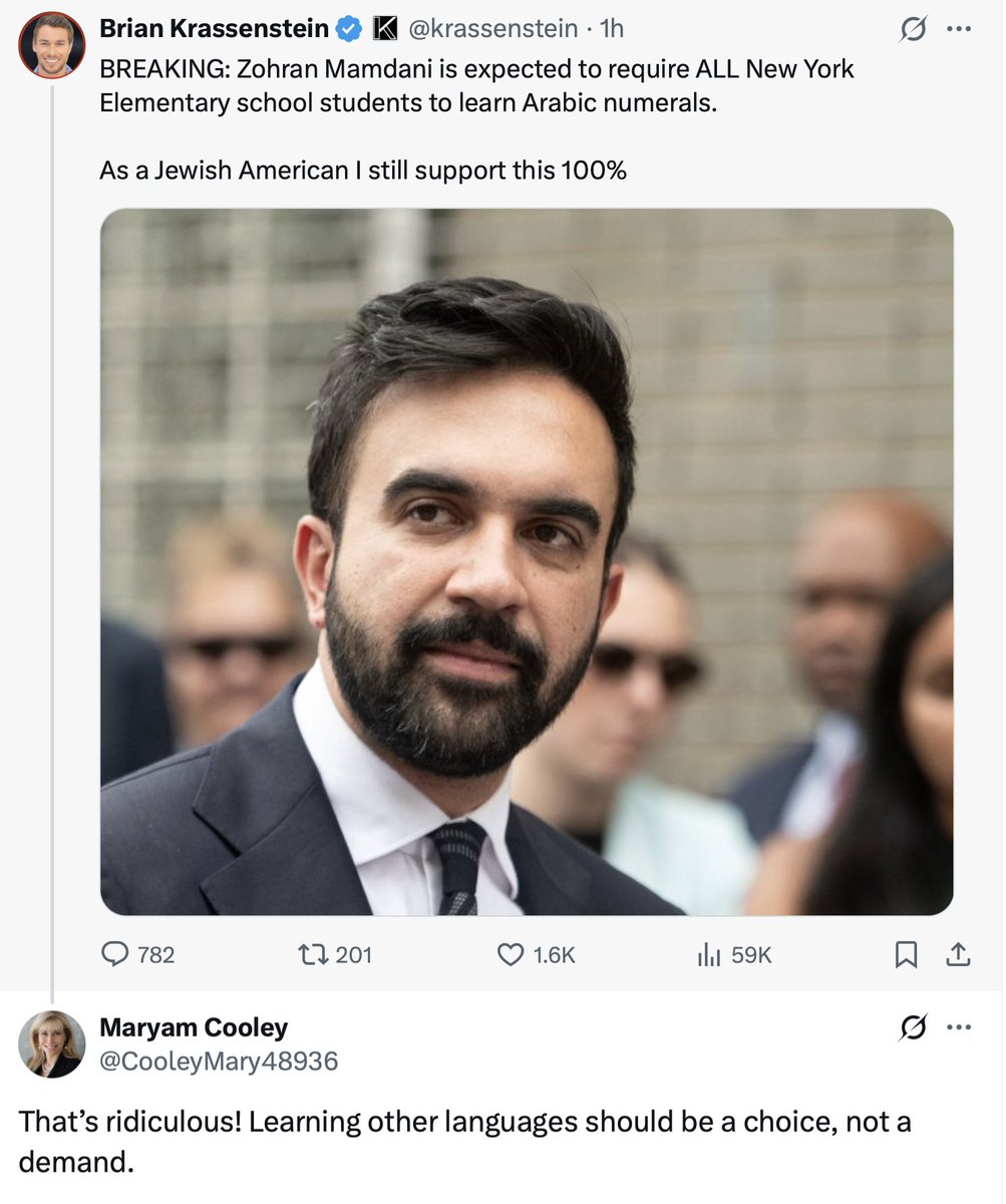 某博主表示纽约新市长将要求纽约所有小学学生必须学习阿拉伯数字。 
一位女高级商人（其主页有与高级GOP官员合影）表示荒唐， 学生应该有选择自由。
 
1.  美国人/白人的智商没什么优势。 
2. 如今看到再弱智的话。我也不敢轻易断言是高级黑
3. 如果认为她是反讽的，可以去看看她的后续评论