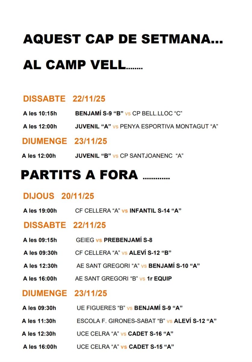 AGENDA CAP DE SETMANA El Primer Equip de l'<a href="/atletic_club/">Atlètic Club Banyoles</a> visita l'<a href="/AE_SantGregori/">A.E Sant Gregori</a> obligat a guanyar per seguir a dalt. També cal destacar el Juvenil B per l'enfrontament directe a la part alta amb el <a href="/CPSfutbol/">C.P.SANTJOANENC</a> i el duel 1r vs 2n de l'Infantil S14 amb la <a href="/cellera_cf/">CelleraCF</a> #AmuntCollons
