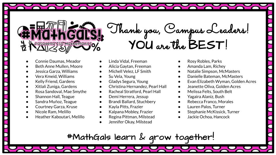janetdnuzzie's tweet image. Woohoo! Thank you to these amazing #PISDMathChat &amp;amp; #PISDMiNTMath @PasadenaISD_TX mathematics leaders for sponsoring our #MathGals Club at their campus! It is our shared responsibility to promote #WomeninSTEM  &amp;amp; together w/this team, we are making it happen! #NCSMBold #NCTM