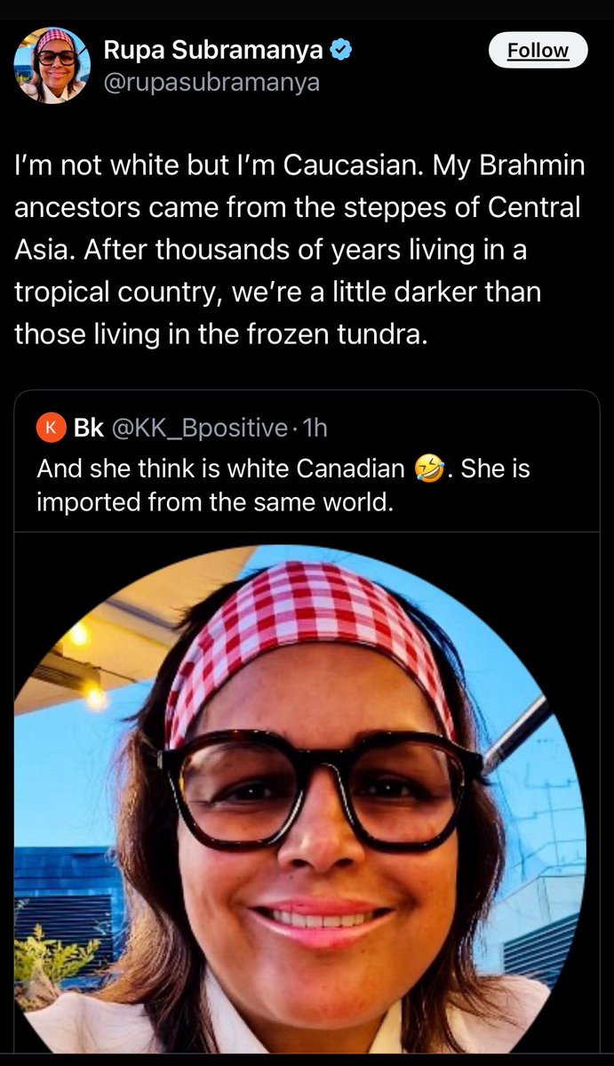 Codex_India5's tweet image. 😂😂

Amazing irony: A Kerala native, @rupasubramanya Rupa attempts to appeals to white Canadians as superior via steppe DNA, yet practices caste hygiene/discrimination