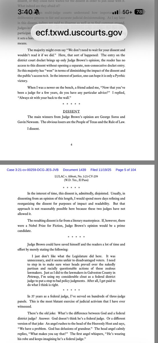cbs11jack's tweet image. NEW: In dissent, federal judge blasts the ruling to block Texas from using new Congressional maps in the 2026 election: “The resulting dissent is far from a literary masterpiece. If, however, there were a Nobel Prize for Fiction, Judge Brown’s opinion would be a prime candidate.”