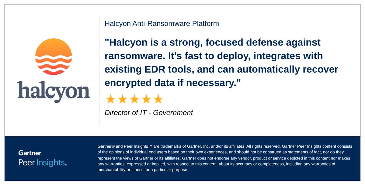 Director of IT in the Government Industry gives Halcyon Anti-Ransomware Platform 5/5 Rating in Gartner Peer Insights™ IT Security Market.

Read the full review here: gtnr.io/dUDP0LUA5

#gartnerpeerinsights