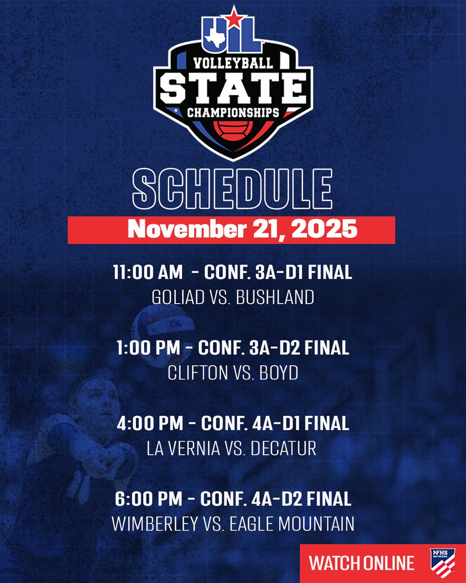 It's day ✌️
Here’s today’s slate—everything you need is linked below.

🎥 Watch Live on <a href="/NFHSNetwork/">NFHS Network</a>: bit.ly/47cKx6h
🏐 State Info: bit.ly/UILVBState
📊 Live Stats: bit.ly/UILLiveStats
📖 Program: adobe.ly/3Xnyfo7
🎟️ Tickets and Parking: