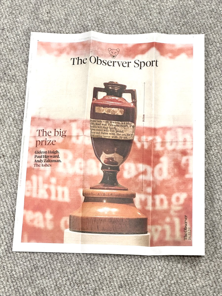 With the first  test starting on Friday, I love the use of my ashes picture on the front of the Observer sport supplement at the weekend #ashes#England test