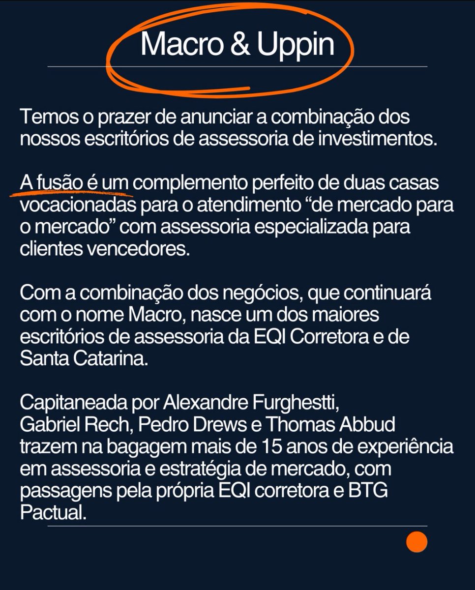 Macro &amp; Uppin

Temos o prazer de anunciar a combinação dos nossos escritórios de assessoria de investimentos. 

A fusão é um complemento perfeito de duas casas vocacionadas para o atendimento “de mercado para o mercado”, com assessoria especializada para clientes vencedores.
