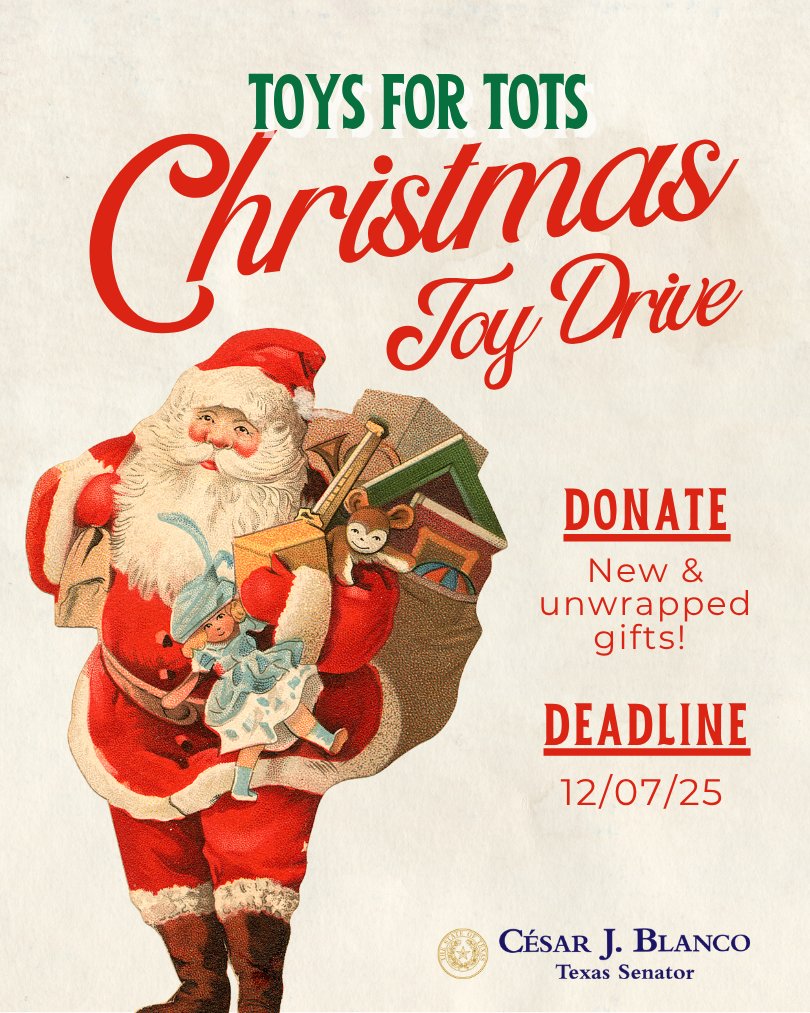 CesarJBlanco's tweet image. It’s officially the season of giving!

Our office is proud to kick off the 11th Annual Toys for Tots Christmas Drive, and we’re inviting you to help make the holidays extra special for children across Senate District 29.

Drop off new, unwrapped toys at our district office or any…