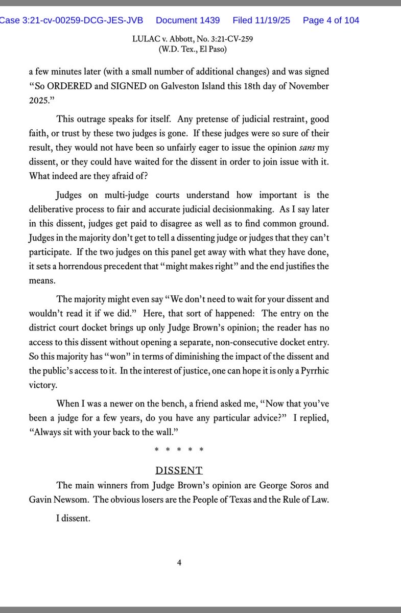cbs11jack's tweet image. MORE: Before writing his dissent, Circuit Judge Jerry Smith, sharply criticizes District Judge Jerry Brown. “In my 37 years on the federal bench, this is the most outrageous conduct by a judge that I have ever encountered in a case in which I have been involved.” @CBSNewsTexas