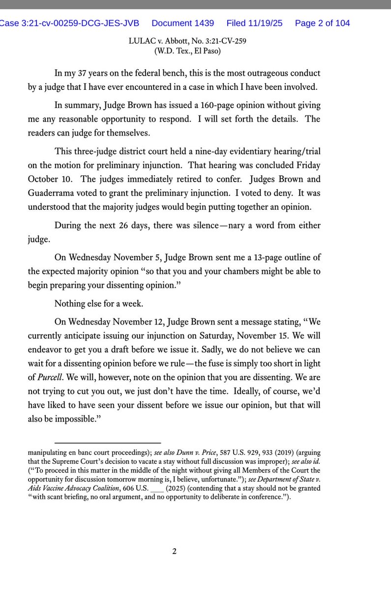 cbs11jack's tweet image. MORE: Before writing his dissent, Circuit Judge Jerry Smith, sharply criticizes District Judge Jerry Brown. “In my 37 years on the federal bench, this is the most outrageous conduct by a judge that I have ever encountered in a case in which I have been involved.” @CBSNewsTexas