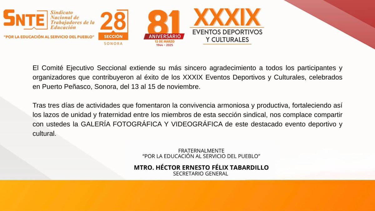 Con gran éxito culminaron los XXXIX Eventos Deportivos y Culturales de la Sección 28 en Puerto Peñasco!

Tres días de sana competencia y convivencia dejaron momentos inolvidables y un gran sentido de orgullo en cada uno de los participantes. 

Nota miniurl.cl/wr2vwp