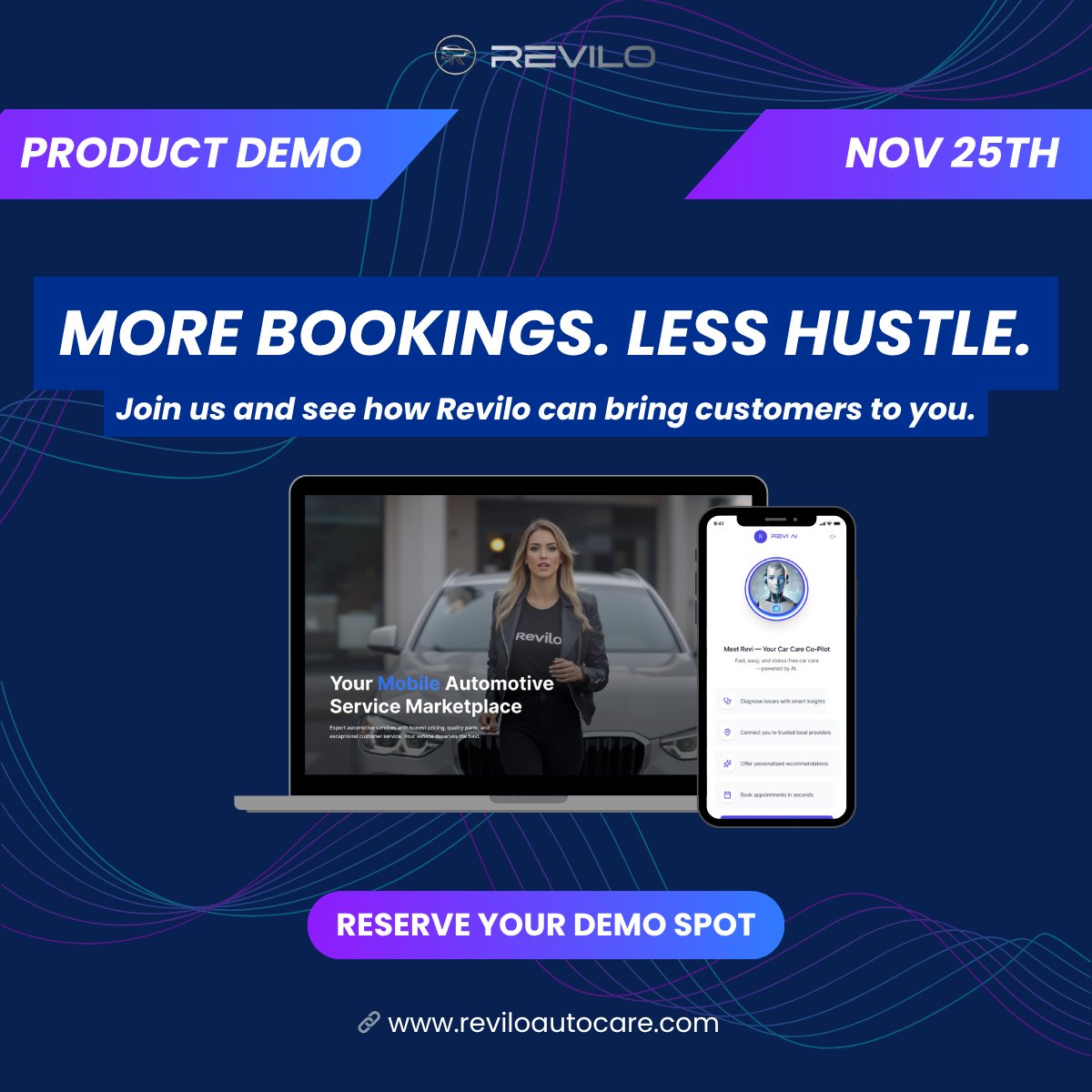 Ready to fill your schedule without the marketing headache? 🔧

Stop chasing leads and start accepting bookings. Join us on November 25th for an exclusive product demo of the Revilo platform. We’ll show you exactly how our mobile marketplace connects you with customers looking