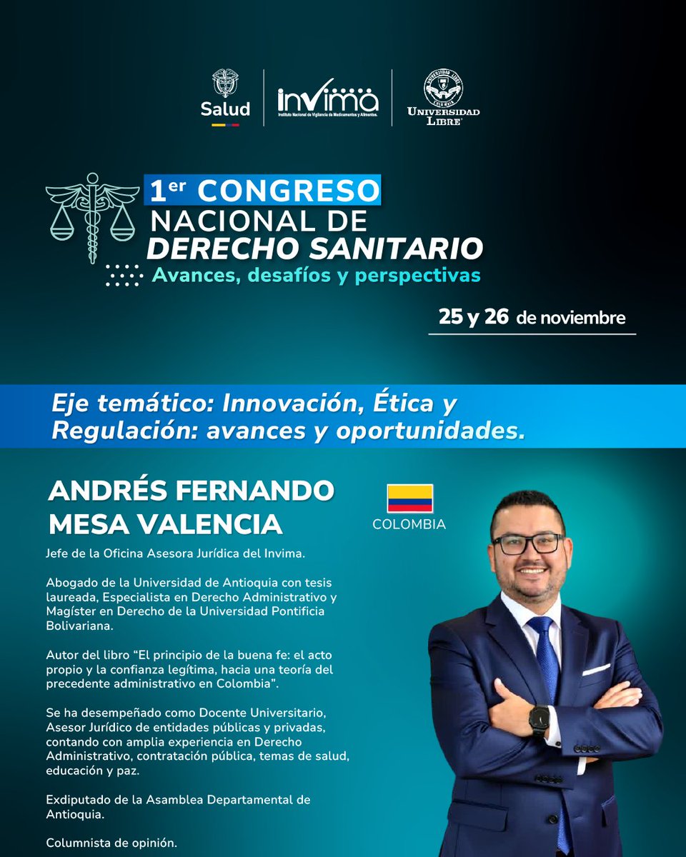 En el marco del 1er Congreso de Derecho Sanitario en Colombia 🏛️⚖️, el jefe de la Oficina Asesora Jurídica del Invima, Andrés Fernando Mesa Valencia.
