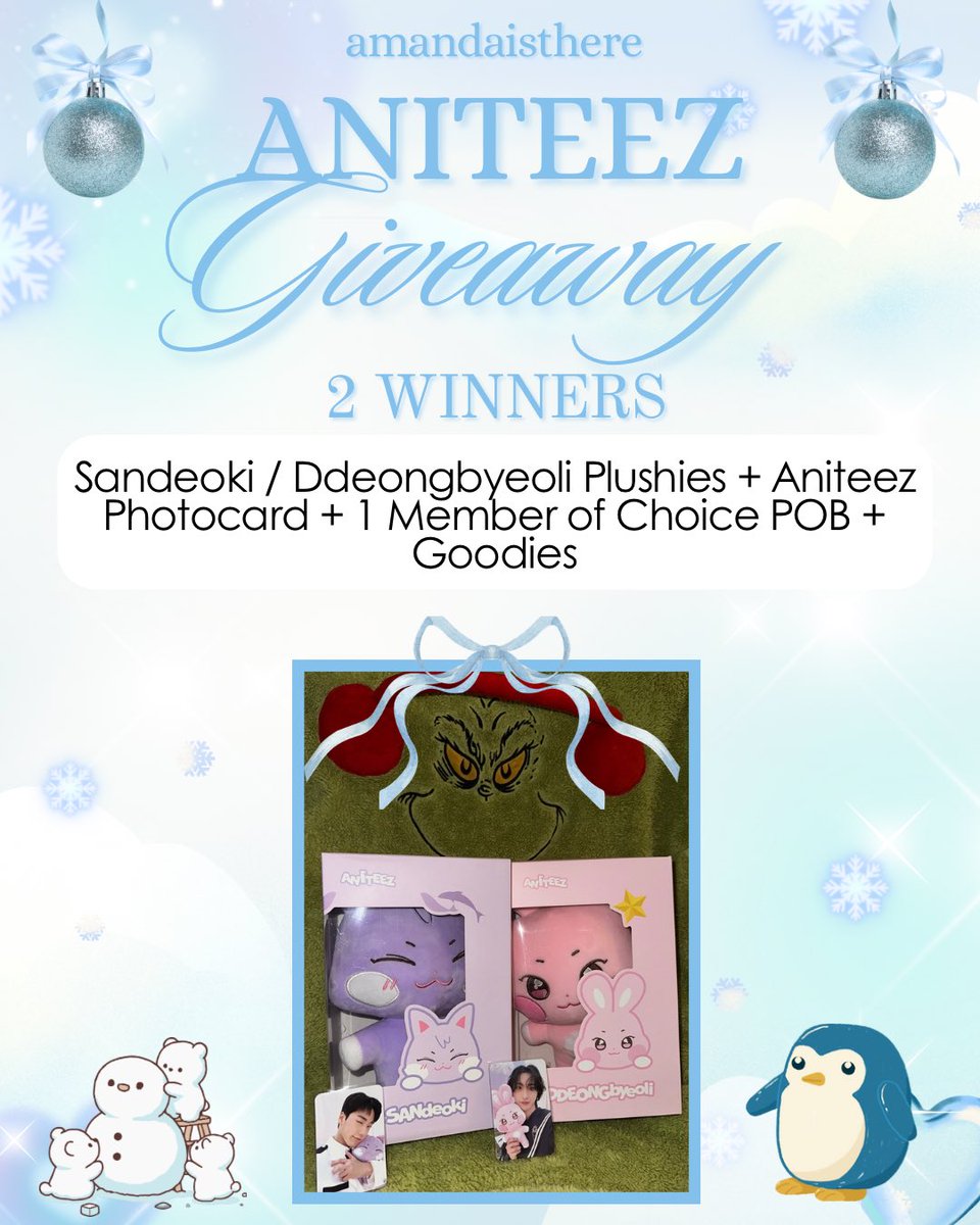 amandaisthere's tweet image. ❄️ ATINY ☃️

with the holidays coming up, i will be doing a giveaway of 2 aniteez plushies + 1 member of choice pob + goodies 🤭

you have 2 chances to win 🤍

rules ❕
- open WW
- rt and like this tweet

that’s it 🎁

deadline: november 22nd @ 11 PM EST