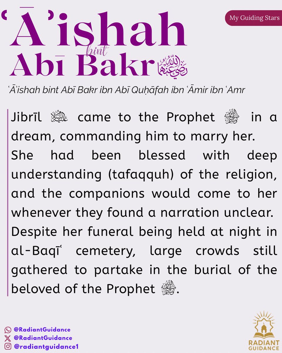 RadiantGuidance's tweet image. ʿĀʾishah bint Abī Bakr raḍiy Allāhu ʿanhumā, Mother of the Believers

#GuidingStarsSeries #StoriesOfTheSahabah #CompanionsOfTheProphet #SahabahProfiles #IslamicHistory #IslamicReminders #LegacyOfFaith #InspirationFromTheSahabah