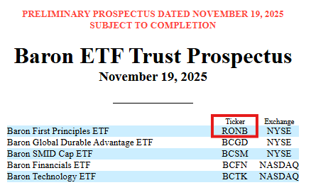 EricBalchunas's tweet image. $RONB is one of the tickers for upcoming Baron Funds ETFs.. can&apos;t recall ever seeing someone use their first name as a ticker, kinda baller, but tbh the dude earned it, only active mgr to beat $QQQ over past 15yrs.