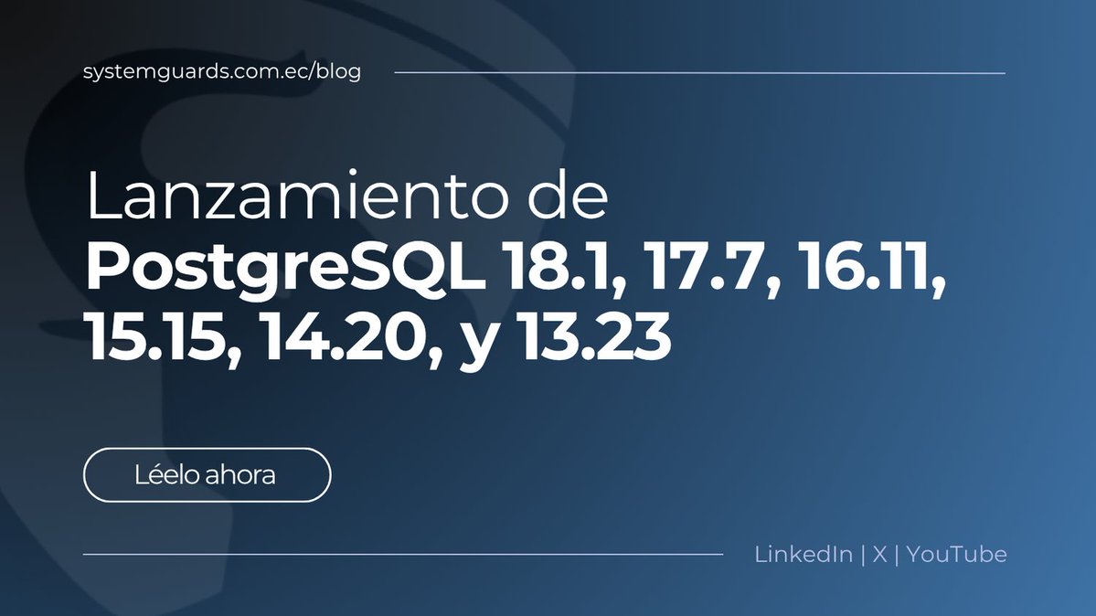 Lanzamiento de una actualización para todas las versiones soportadas de PostgreSQL. Con esta versión se corrigen 2 vulnerabilidades de seguridad y 50 errores notificados en los últimos meses. Descubre más en el artículo de nuestro Blog 👉 systemguards.com.ec/postgresql/lan… #opensource #DBA