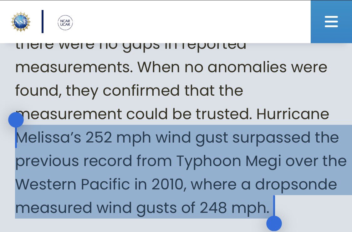 It’s official: Hurricane #Melissa has breached the record for strongest wind gust ever observed in a tropical cyclone worldwide.

The 252mph gust as measured by dropsonde beats that of Megi 2010’s 248.

news.ucar.edu/133047/record-…