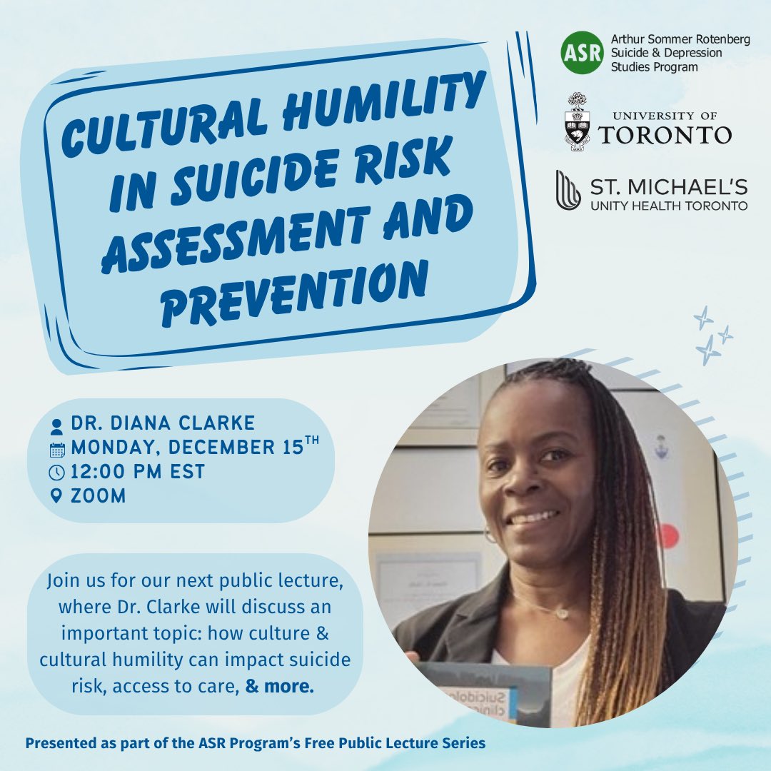 ASRlife_SMH's tweet image. 🌍 ASR Public Lecture Series: Cultural Humility in Suicide Prevention

Join us for our next lecture, where Dr. Diana Clarke explores how culture and identity shape suicide risk, disclosure, and access to care—and how cultural humility can strengthen assessment and prevention.

✨…