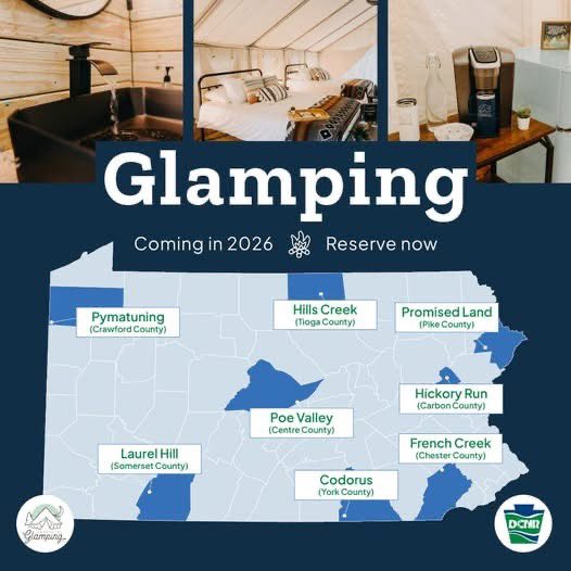 RepWeaknecht's tweet image. Love the outdoors but not the “roughing it”? DCNR is partnering with Timberline Glamping to bring luxury camping to 8 state parks starting in 2026! Safari tents, real beds, heat/AC, and even gourmet s’mores. 🌲✨