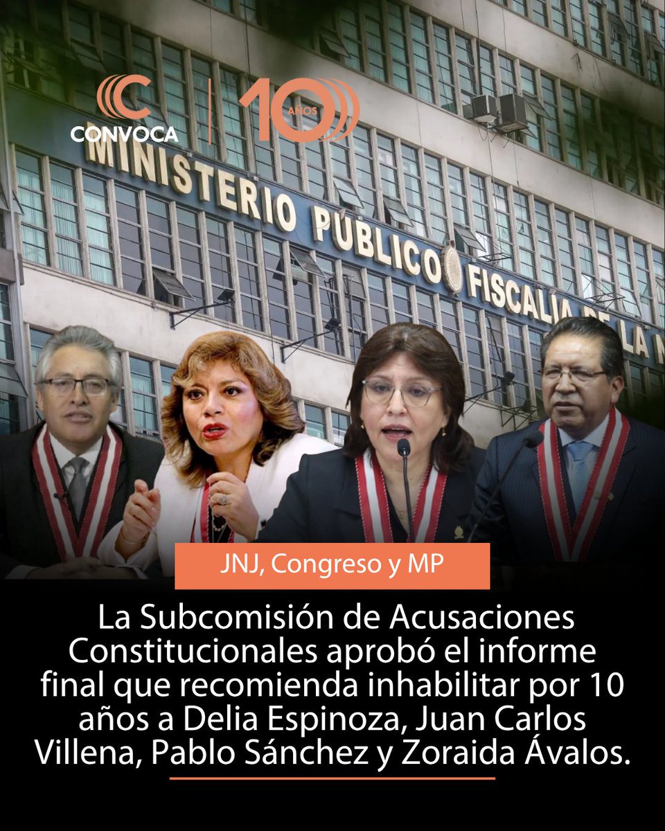 ConvocaPe's tweet image. ⚖️ #DeliaEspinoza El Congreso avanza hacia la inhabilitación de cuatro fiscales, Delia Espinoza, Zoraida, Villena, Sánchez  por 10 años, mientras el caso pasa a Comisión Permanente y luego al Pleno.
Todo el análisis de esta crisis: convoca.pe/agenda-propia/…