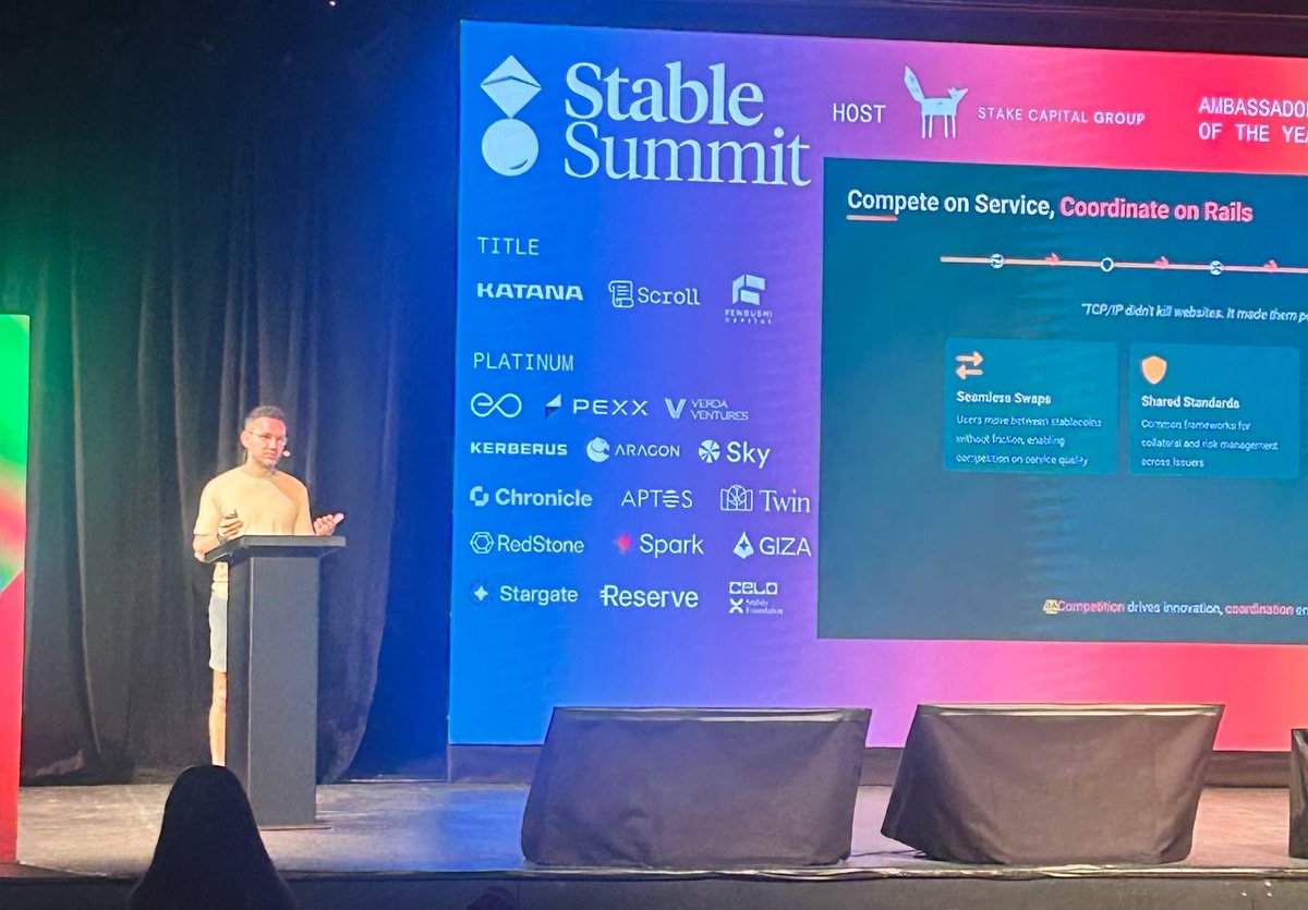 Snapcrackle's tweet image. Spoke at @stable_summit on “Stablecoins Won. What’s Next?”

Key takeaways:

Stablecoins won adoption: trillions settled, used for real world not just speculation

The hard part now is who owns the rails
Three futures:
1.Winner-takes-all (not good at all)
2.Permanent fragmentation…