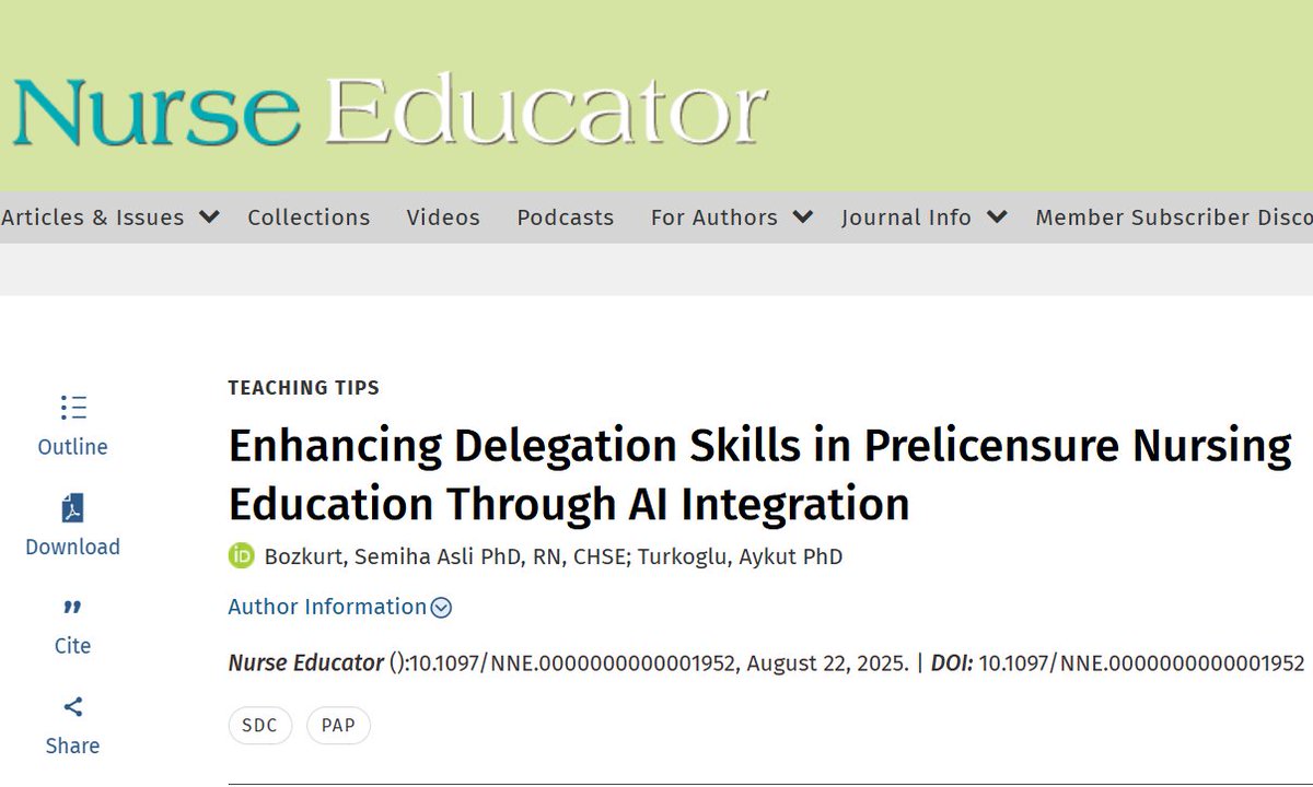 NEjournalonline's tweet image. Finding it challenging to teach delegation to prelicensure nursing students?

Read the new #TeachingTip! &quot;Enhancing Delegation Skills in Prelicensure Nursing Education Through AI Integration&quot;

Read here: tinyurl.com/42dkckrp