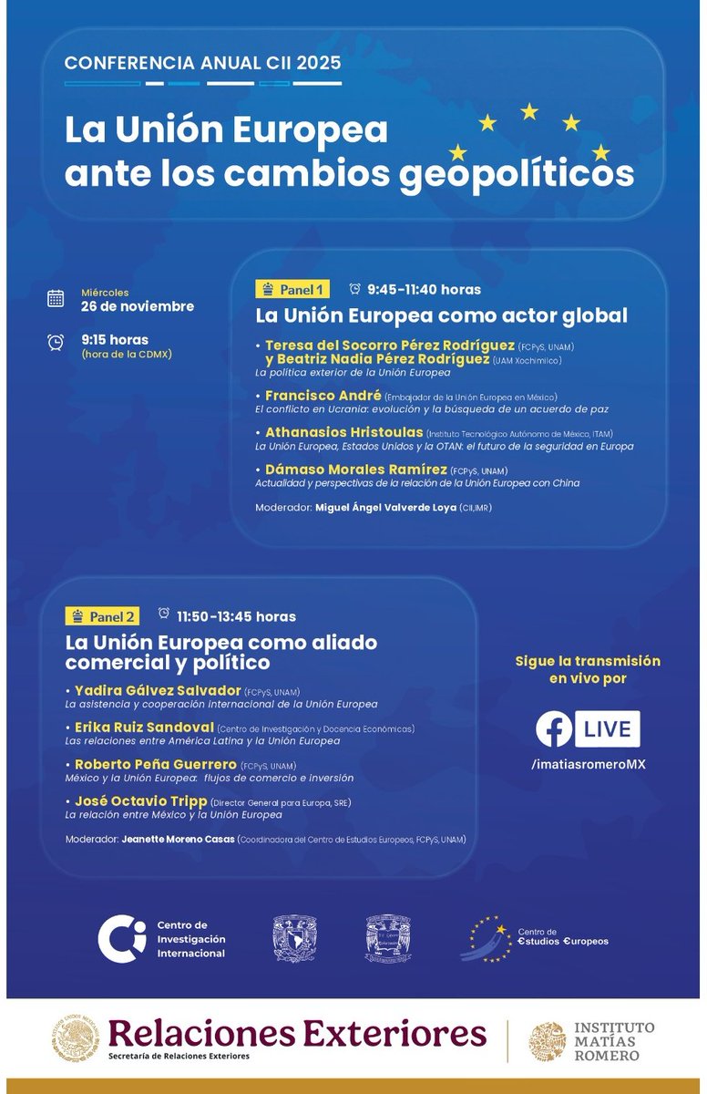 imatiasromero's tweet image. Les invitamos a seguir la transmisión de la 6a. edición de la Conferencia anual del Centro de Investigación Internacional: “La Unión Europea ante los cambios geopolíticos”.

🗓️ 26 de noviembre 2025, 09:15 horas.

➡️ facebook.com/imatiasromeroMX