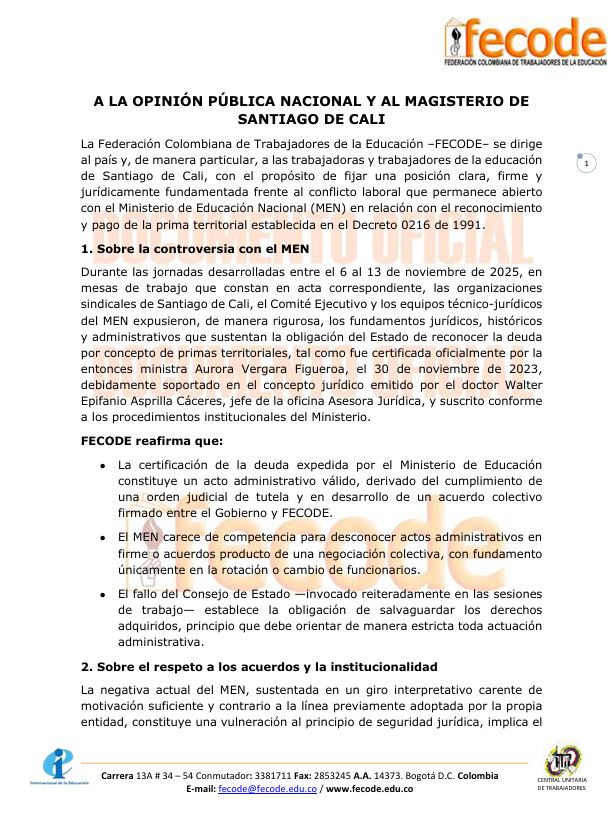 fecode's tweet image. 📄Comunicado oficial
📃A la opinión pública y al magisterio de Santiago de Cali: frente al conflicto laboral por el reconocimiento y pago de la prima territorial. @Sutev_Valle 
fecode.edu.co/images/comunic…
