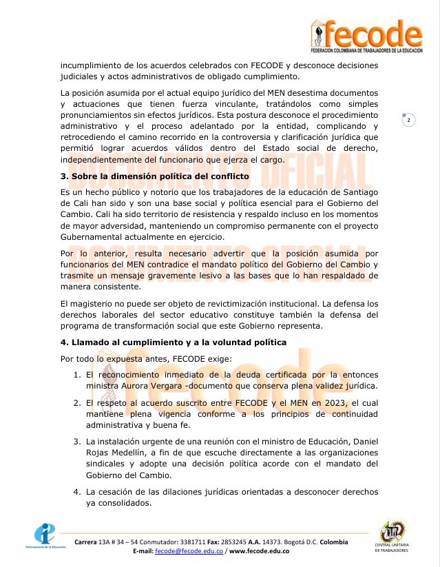 fecode's tweet image. 📄Comunicado oficial
📃A la opinión pública y al magisterio de Santiago de Cali: frente al conflicto laboral por el reconocimiento y pago de la prima territorial. @Sutev_Valle 
fecode.edu.co/images/comunic…