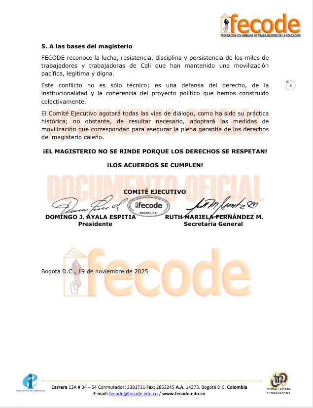 fecode's tweet image. 📄Comunicado oficial
📃A la opinión pública y al magisterio de Santiago de Cali: frente al conflicto laboral por el reconocimiento y pago de la prima territorial. @Sutev_Valle 
fecode.edu.co/images/comunic…