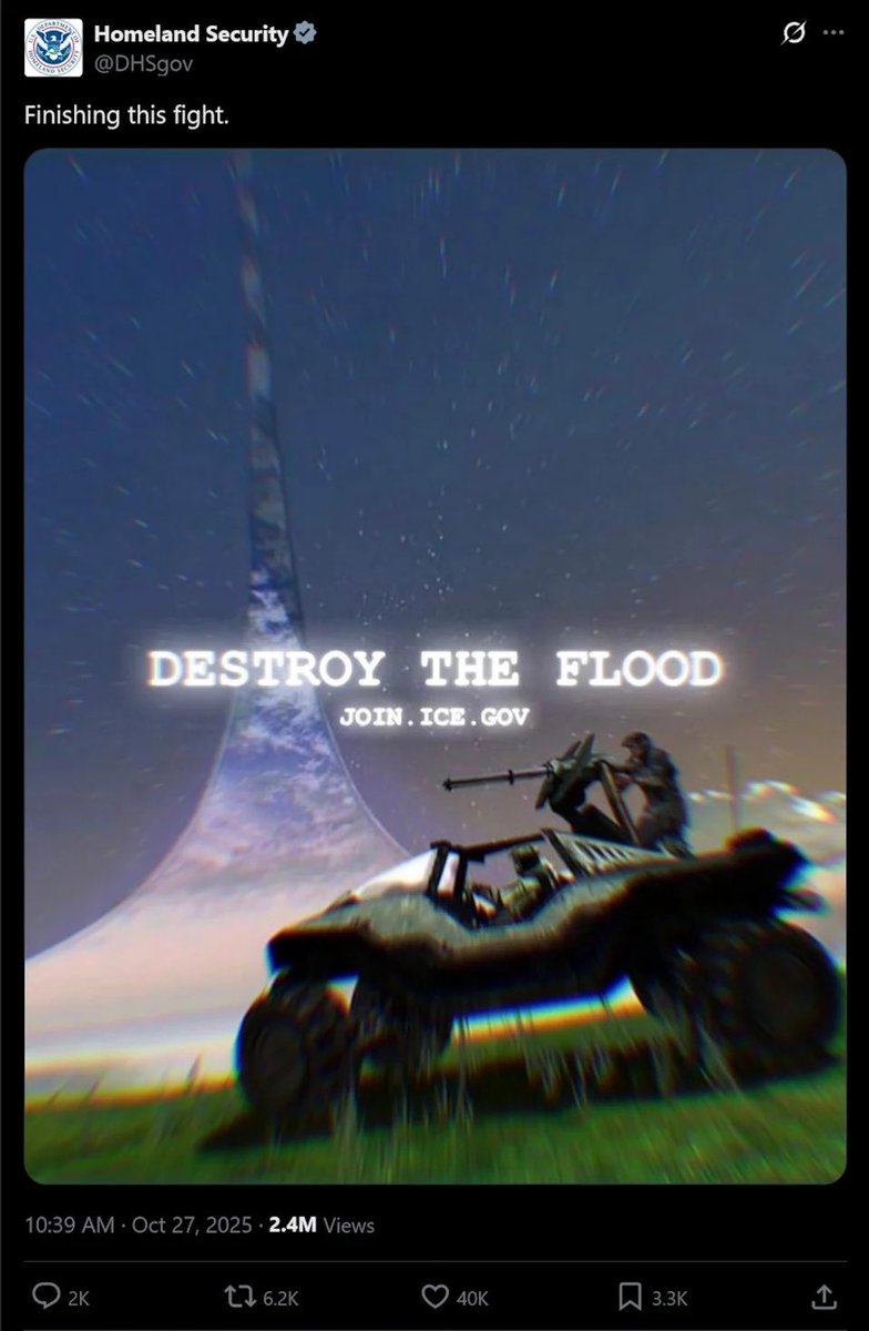 zeta_tf's tweet image. For example, some institutions, such as ICE, have used franchises like Halo and The Lord of the Rings in their messaging or outreach efforts. And some who accept politics in media get upset when it’s not their politics being represented, it goes both ways. (7/10)