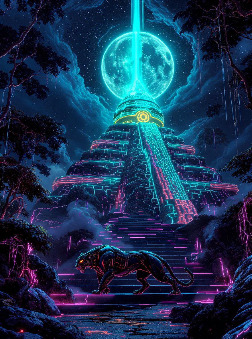 PromptSin's tweet image. Unlock the mystery of ancient tech! 🌕✨ Dive into the neon jungle—what treasures will you find? #CyberQuest #FutureVibes