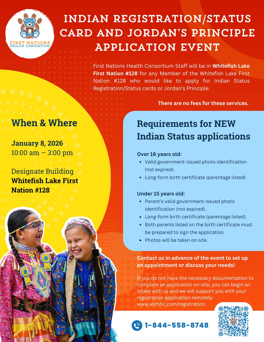 FNHCAlberta's tweet image. Our staff will be in Whitefish Lake First Nation #128 for any member who would like to apply for Indian Status Registration / Status cards or Jordan’s Principle. 📢

To learn more about us visit our website at: abfnhc.com

@FNHCAlberta #INDIGENOUS