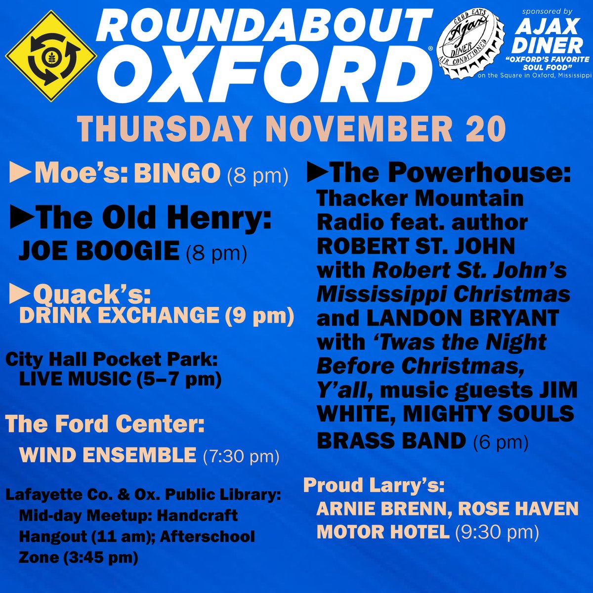 TheLocalVoice's tweet image. EAT IN OXFORD: Thursday, November 20, 2025 Food and Drink Options + Entertainment in Oxford, Mississippi

thelocalvoice.net/oxford/eat-in-…