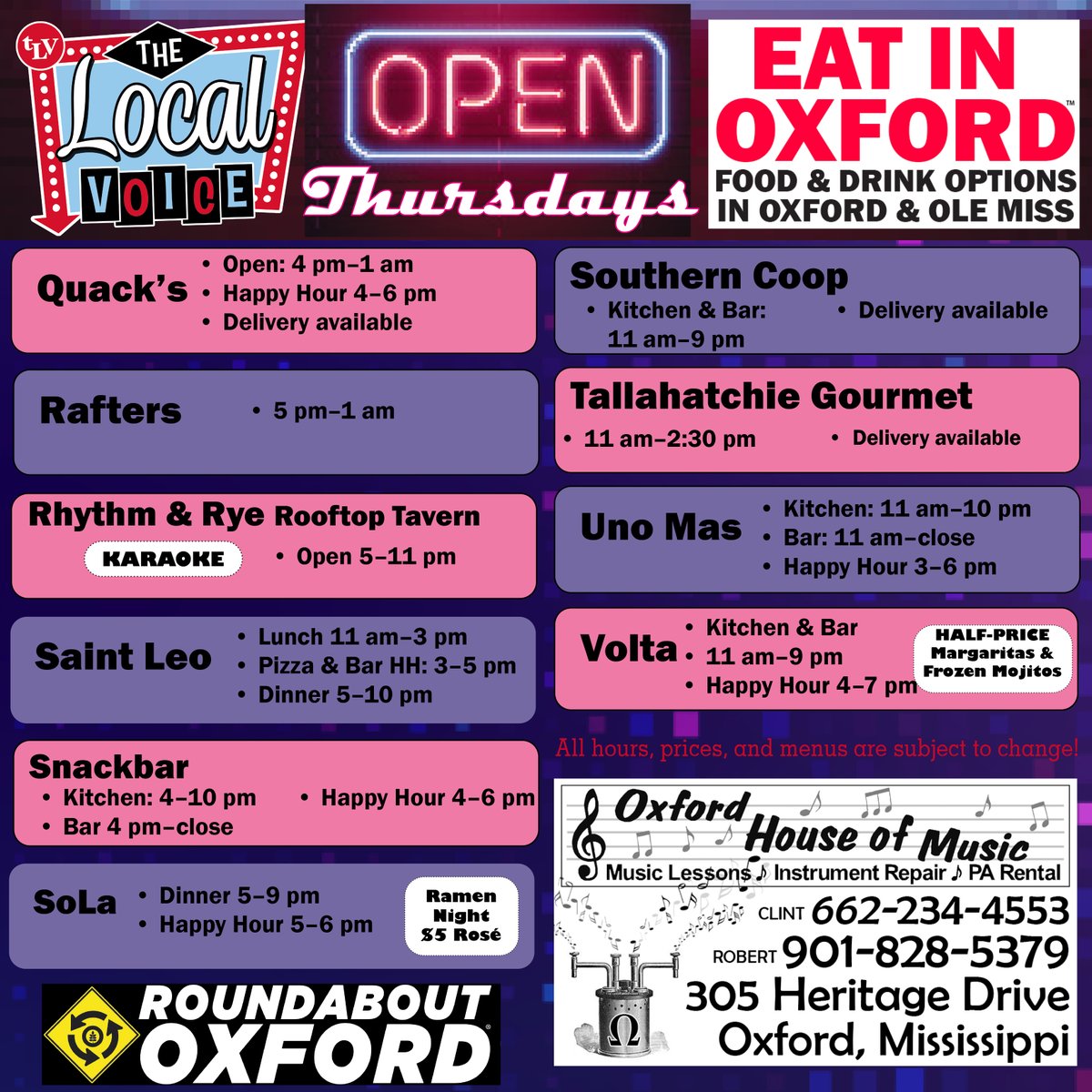 TheLocalVoice's tweet image. EAT IN OXFORD: Thursday, November 20, 2025 Food and Drink Options + Entertainment in Oxford, Mississippi

thelocalvoice.net/oxford/eat-in-…