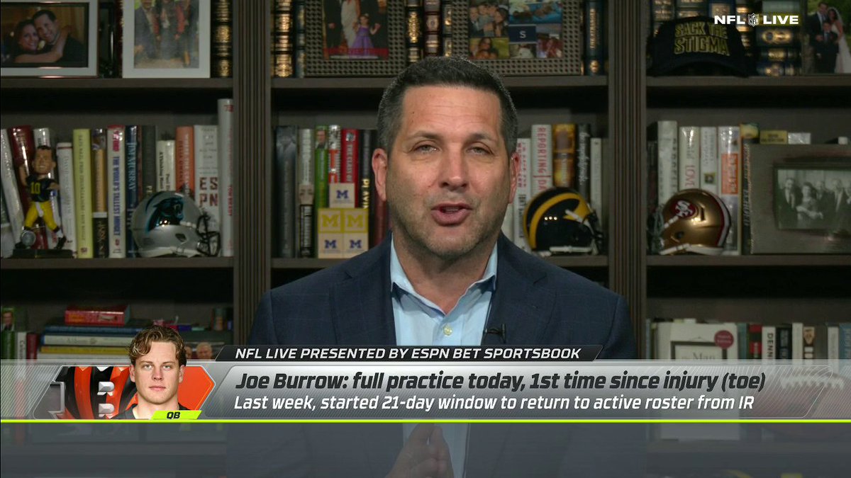 For the first time since Week 2, the Bengals have listed Joe Burrow as a full participant in practice. 

@AdamSchefter on Burrow’s return and the odds he suits up this week ✍️ 