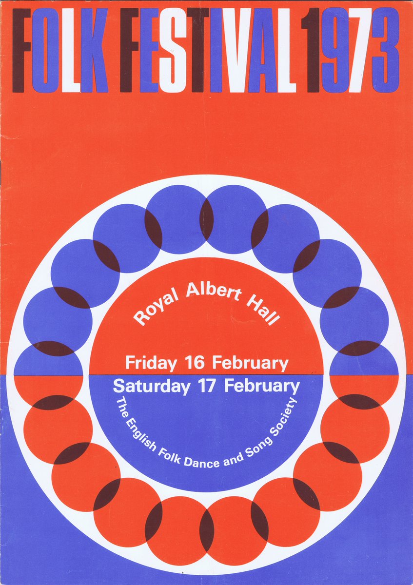 DesignReviewed's tweet image. English Folk Dance &amp;amp; Song Society Festival, Royal Albert Hall, 1973. Geometric cover for the 1973 Folk Festival at the Royal Albert Hall, featuring circular forms and a strong red, white and blue palette. designreviewed.com/artefacts/engl…