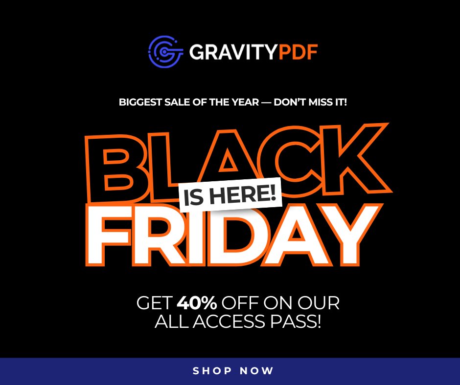 GravityPDF's tweet image. Black Friday has arrived: Save 40% OFF the Gravity PDF All Access Pass!

Don’t wait, the clock’s ticking! 🕐 gravitypdf.com/black-friday/

#BlackFriday #WordPress #GravityForms #GravityPDF #BlackFridayDeals #CyberMonda