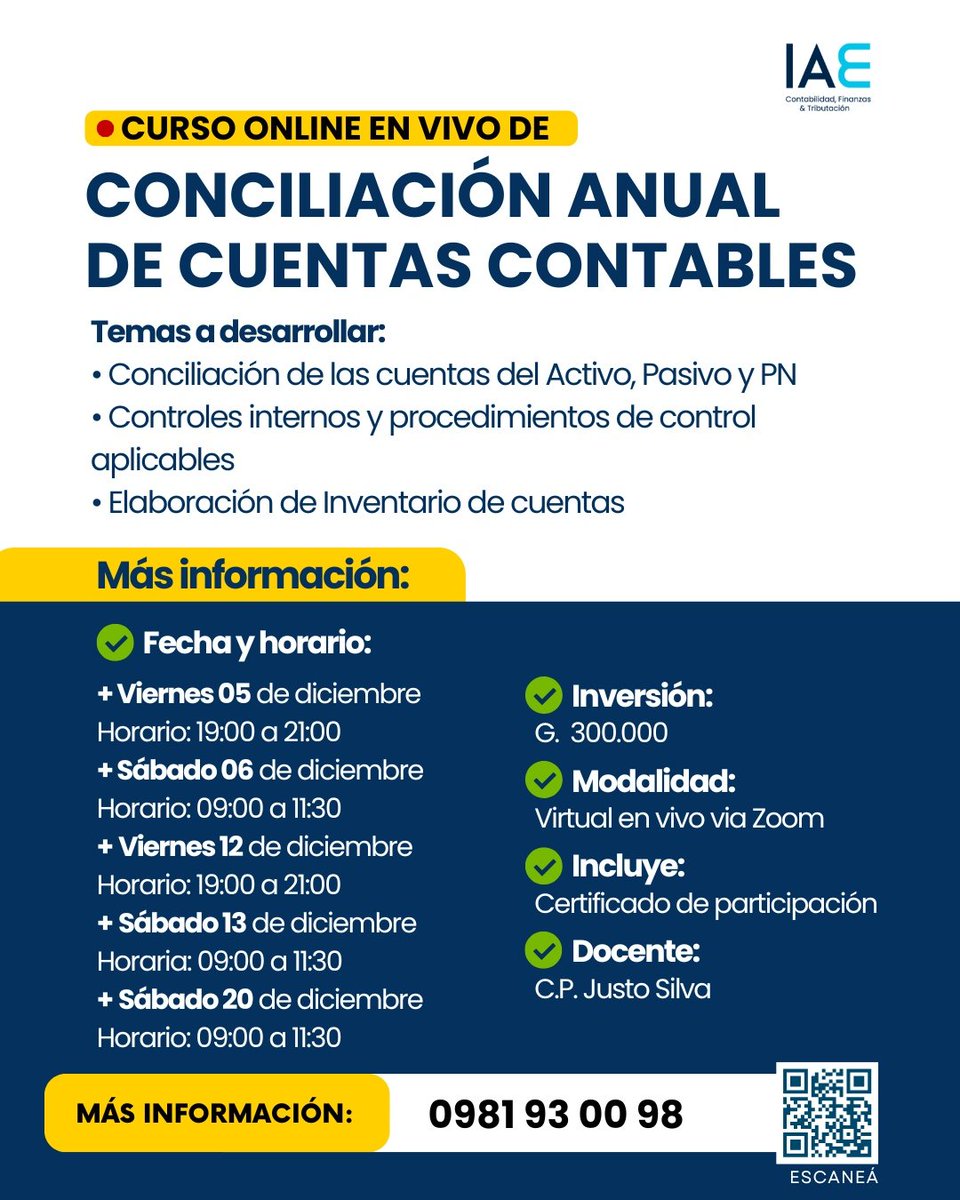 Cierre contable sin estrés 💼
El viernes 05 de diciembre inicia el curso práctico de conciliación anual.
👉 Sumate y optimizá tus procesos.
Más información: wa.link/v5lch7 o al (0981) 930 098