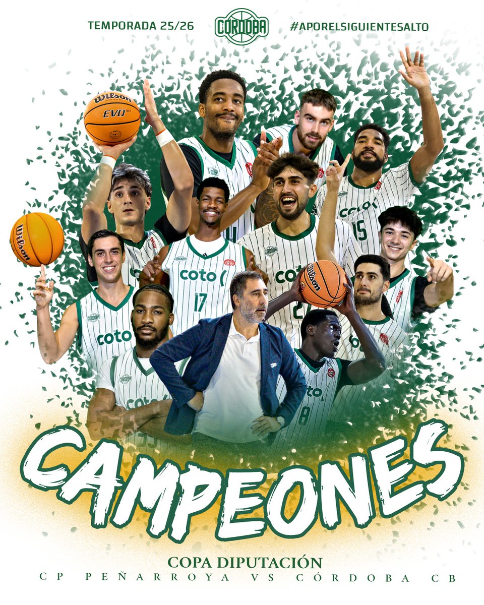CordobaCB's tweet photo. Campeones de la Copa Diputación 2025 @dipucordoba ¡Enhorabuena equipo! 🤍💚 Deseamos a @cppenarroya que siga teniendo una buena temporada en #TerceraFEB y mucha suerte en su año!! #GanamosJuntos https://t.co/LuAOPCuJoD