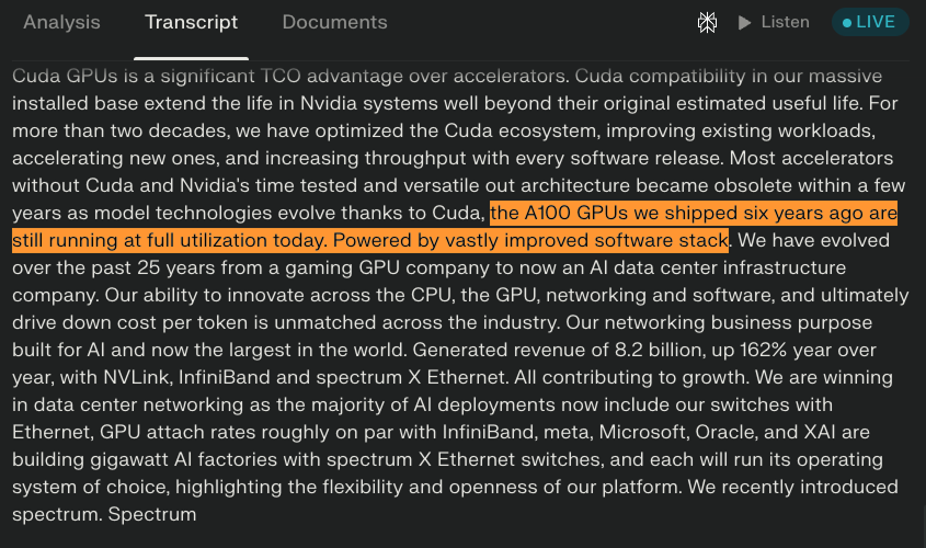 wallstengine's tweet image. $NVDA basically answering Burry:

“The A100s we shipped six years ago are still running at full utilization today, now powered by a much stronger software stack.”