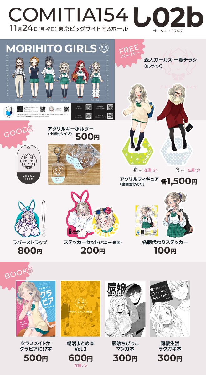 chibi_cc's tweet image. 【お品書き】コミティア154（11/24）のお品書きです！
新刊は、ちびっこちゃん朝活まとめvol.4になります～。
今回も38Pフルカラー133カット収録しましたｗ
そのほかグッズ、ステッカー、既刊持っていきます。

南3ホール「し02b」でお待ちしております！
#コミティア154