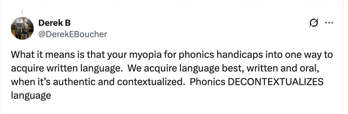 NielsHoven's tweet image. I am begging people to understand the difference between reading (decoding words) and comprehension (understanding meaning)

Yes, phonics decontextualizes words, that&apos;s the entire point.

You WANT to be able to read any word you encounter with no context, even nonsense words like…