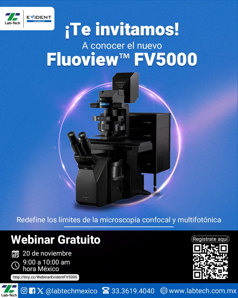 LabTechMexico's tweet image. Acompáñanos en la presentación exclusiva del FLUOVIEW™ FV5000, la nueva generación de tecnología de microscopía láser de barrido de Evident.
Logra imágenes avanzadas:
- Más rápidas: 
- Más inteligentes: 
- Más nítidas: 
Regístrate aquí: tiny.cc/WebinarEvident…