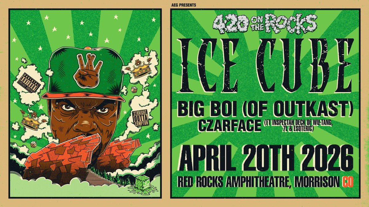 icecube's tweet image. 420 in Colorado? Yeah… we had to. Red Rocks. April 20th. Tickets hittin’ this week. No steams, no seeds, no stress.