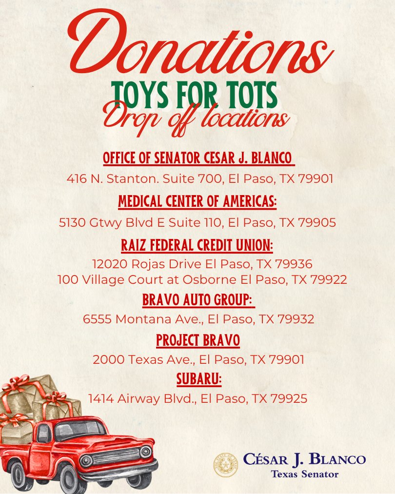 CesarJBlanco's tweet image. It’s officially the season of giving!

Our office is proud to kick off the 11th Annual Toys for Tots Christmas Drive, and we’re inviting you to help make the holidays extra special for children across Senate District 29.

Drop off new, unwrapped toys at our district office or any…