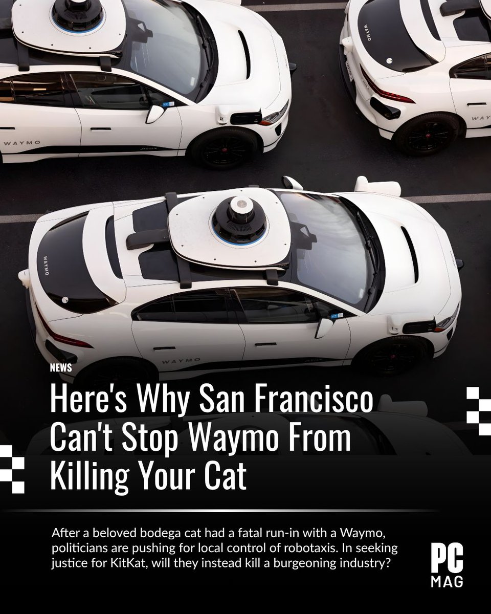 PCMag's tweet image. A SF Supervisor is using the death of a cat, KitKat (killed by a #Waymo robotaxi), to fight for local control over #AutonomousVehicles. 

She&apos;s urging residents to ask the state to give counties the right to vote on if #AVs can operate in their areas.  

Read more 🔗…