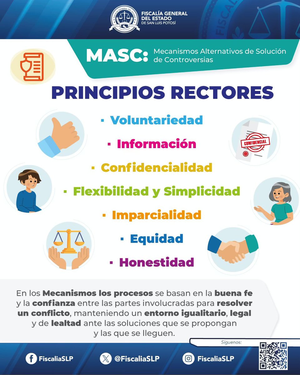 FiscaliaSLP's tweet image. 📜 Conoce los principios rectores de los Mecanismos Alternativos de Solución de Controversias, #MASC.
