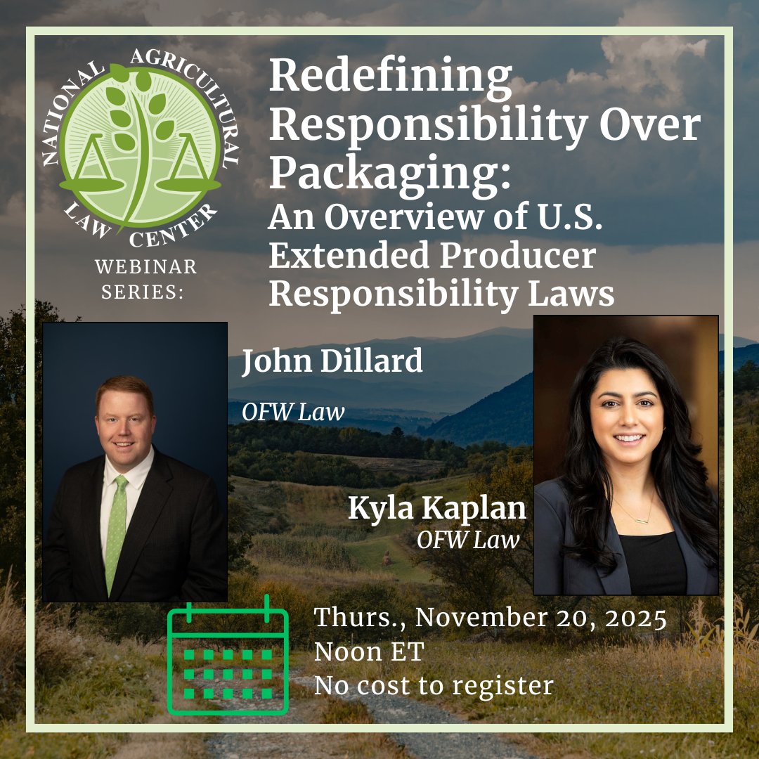 **Last Day to Register!!**
Extended Producer Responsibility (#EPR) laws are reshaping how ag &amp; food companies handle packaging waste. 🌱 Join us Nov. 20 for a webinar with Kyla Kaplan &amp; John Dillard (OFW Law) on compliance deadlines, state laws &amp; what’s ahead. Details ⬇️